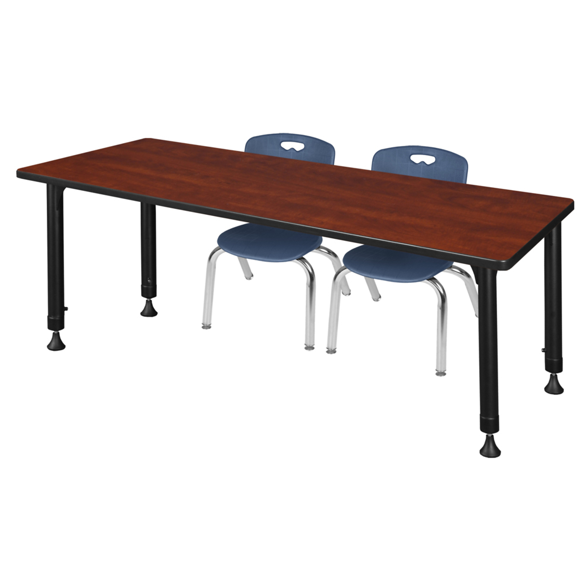Regency Kee Adjustable Classroom Table and Andy Stack Chairs Set — 60in. x 24in., Cherry/Maple Tabletop, 2 Navy Blue Chairs, Model# MT6024CHAPBK45NV